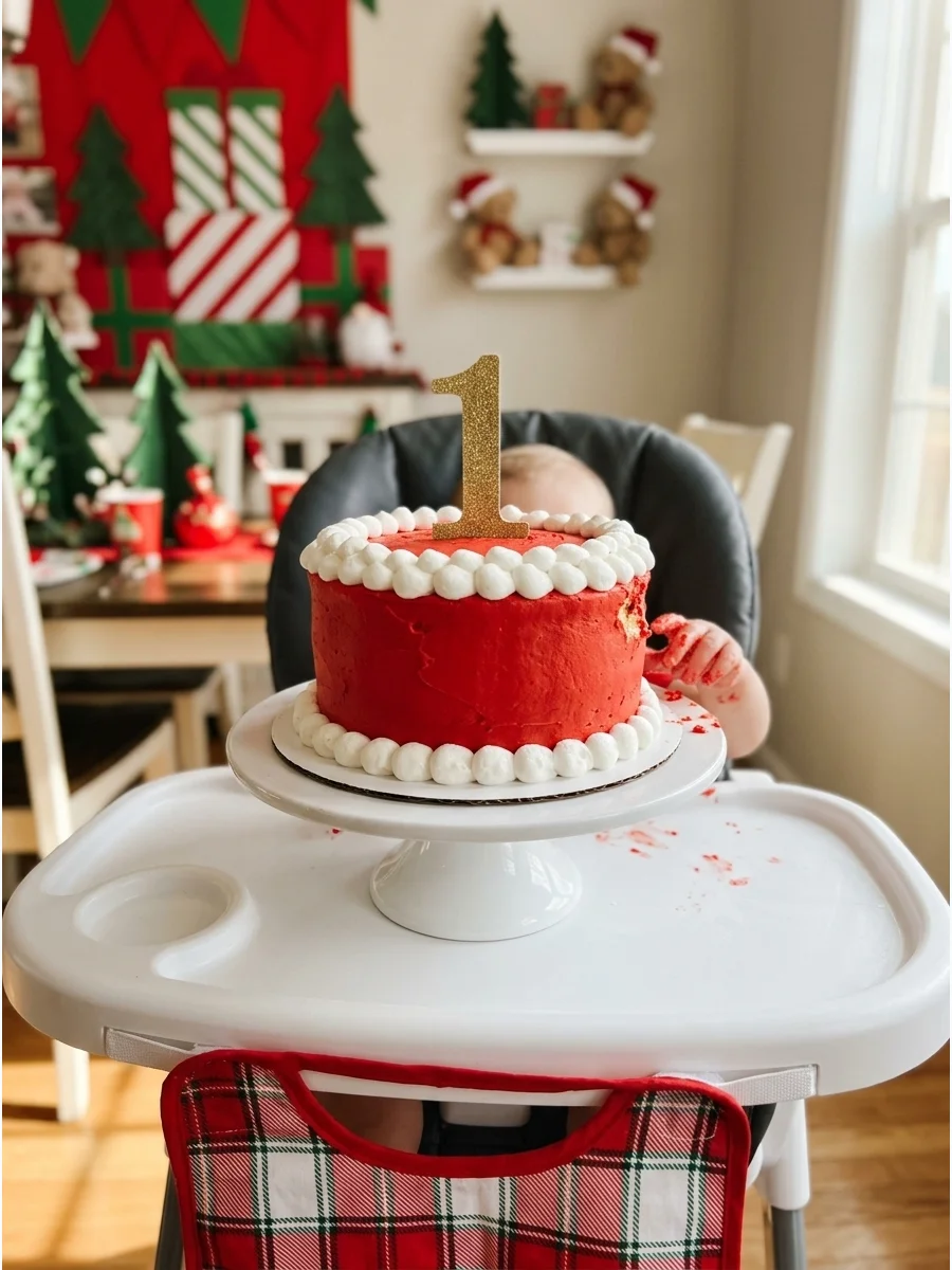 A red Santa-themed smash cake with white marshmallow trim on a high-chair tray.