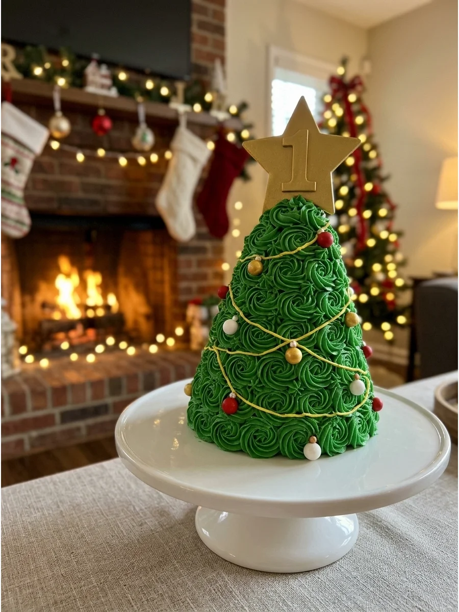 A green Christmas tree-shaped cake with a star topper on a white stand.