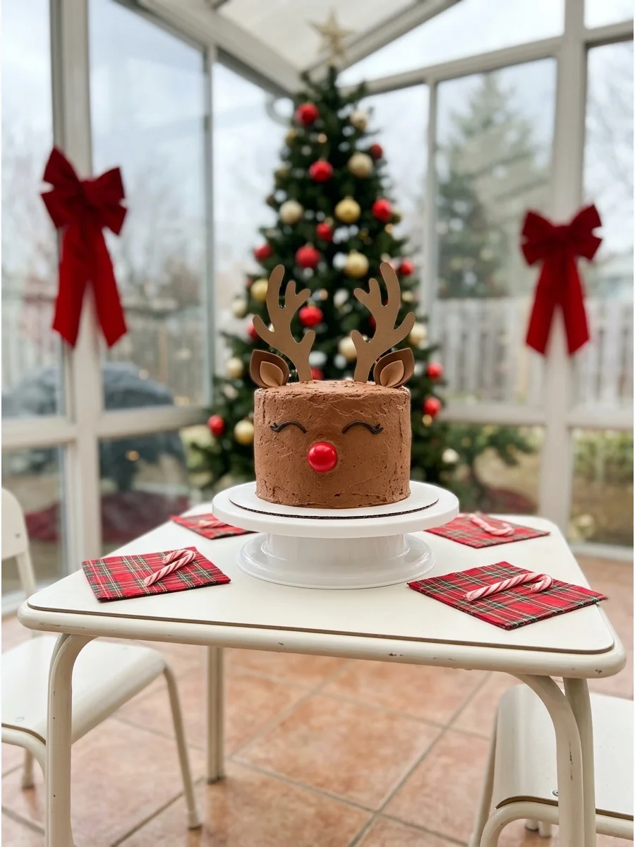 A chocolate reindeer cake with a red nose and antlers on a small table.