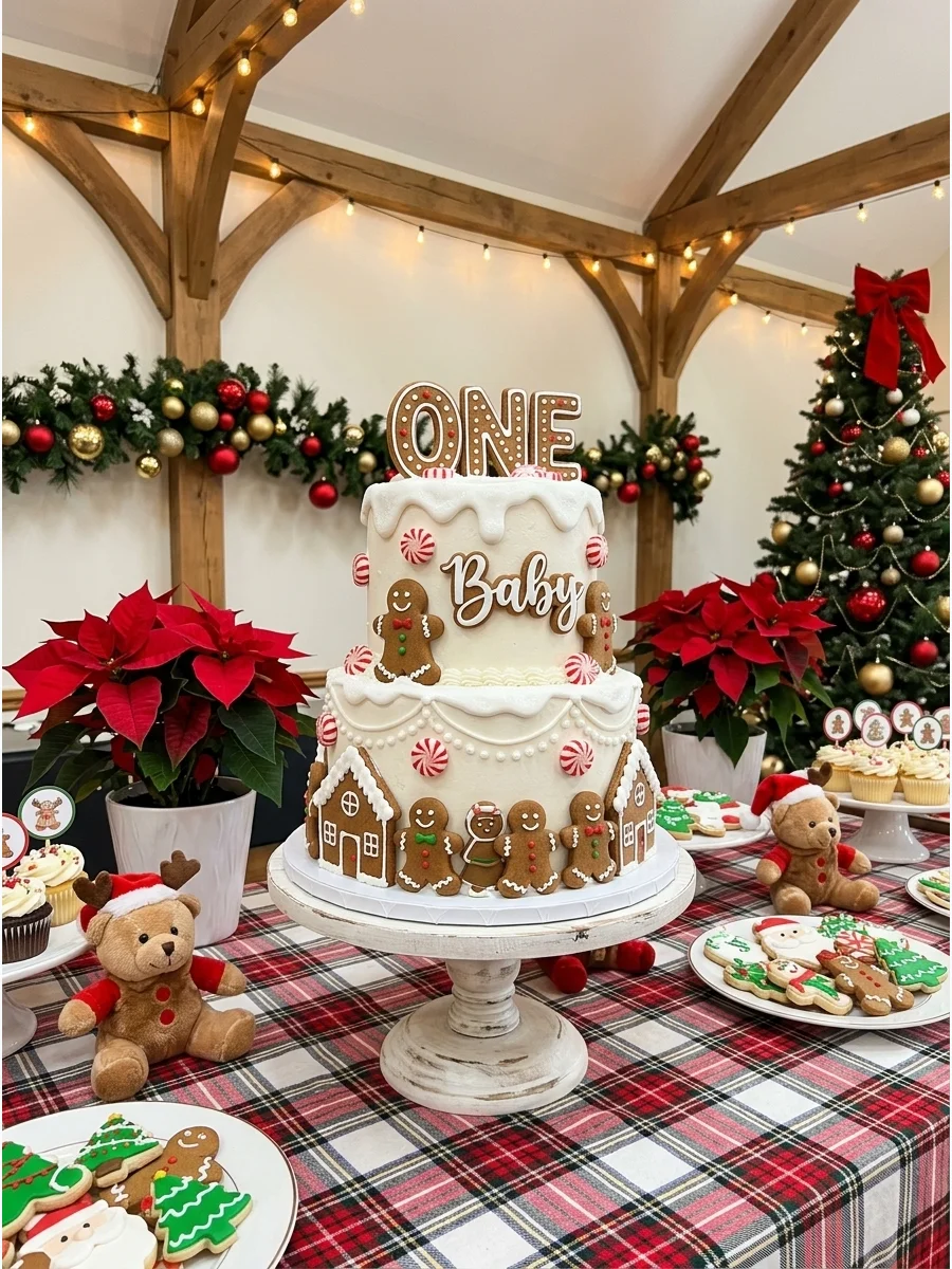 A tiered gingerbread-themed birthday cake with white icing drips on a party table.