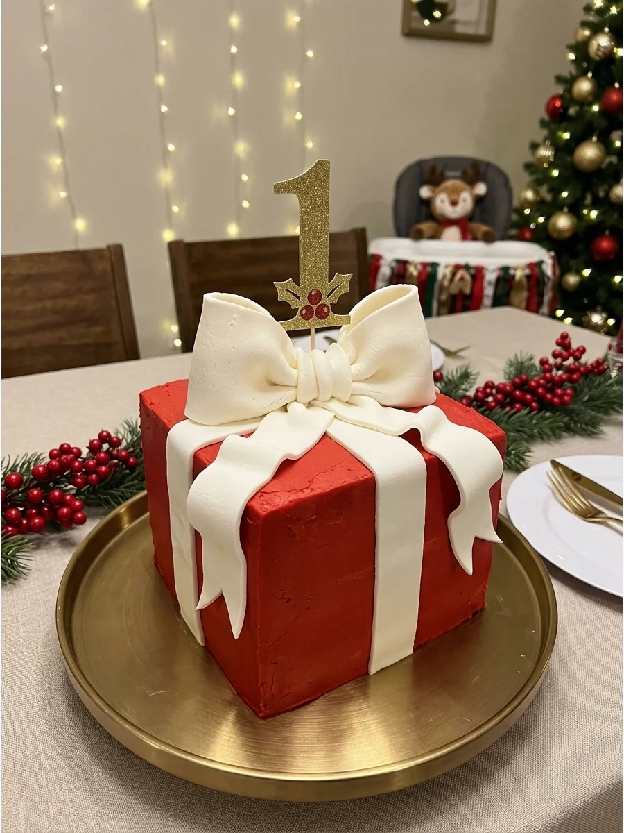 A red square cake shaped like a present with a white frosting bow.