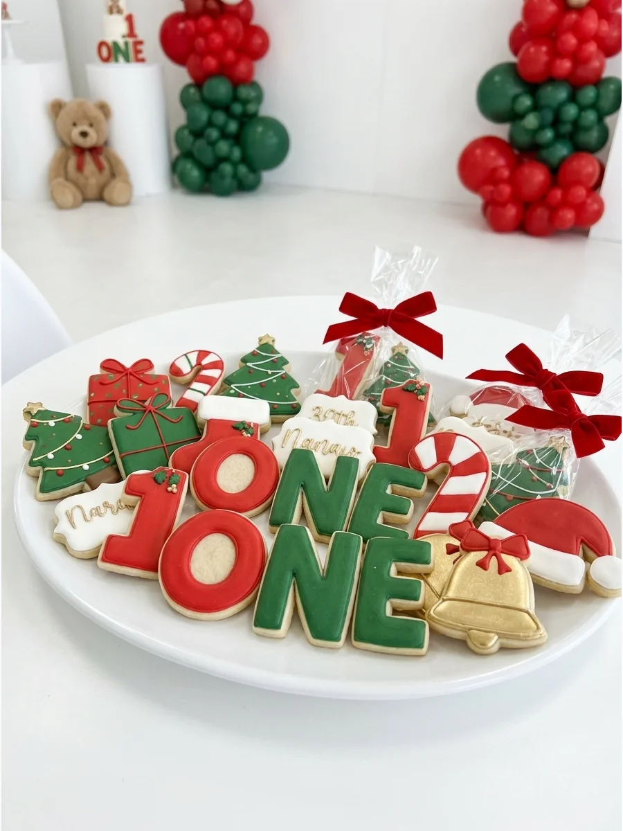 Sugar cookies shaped like the letters O, N, and E with festive frosting.