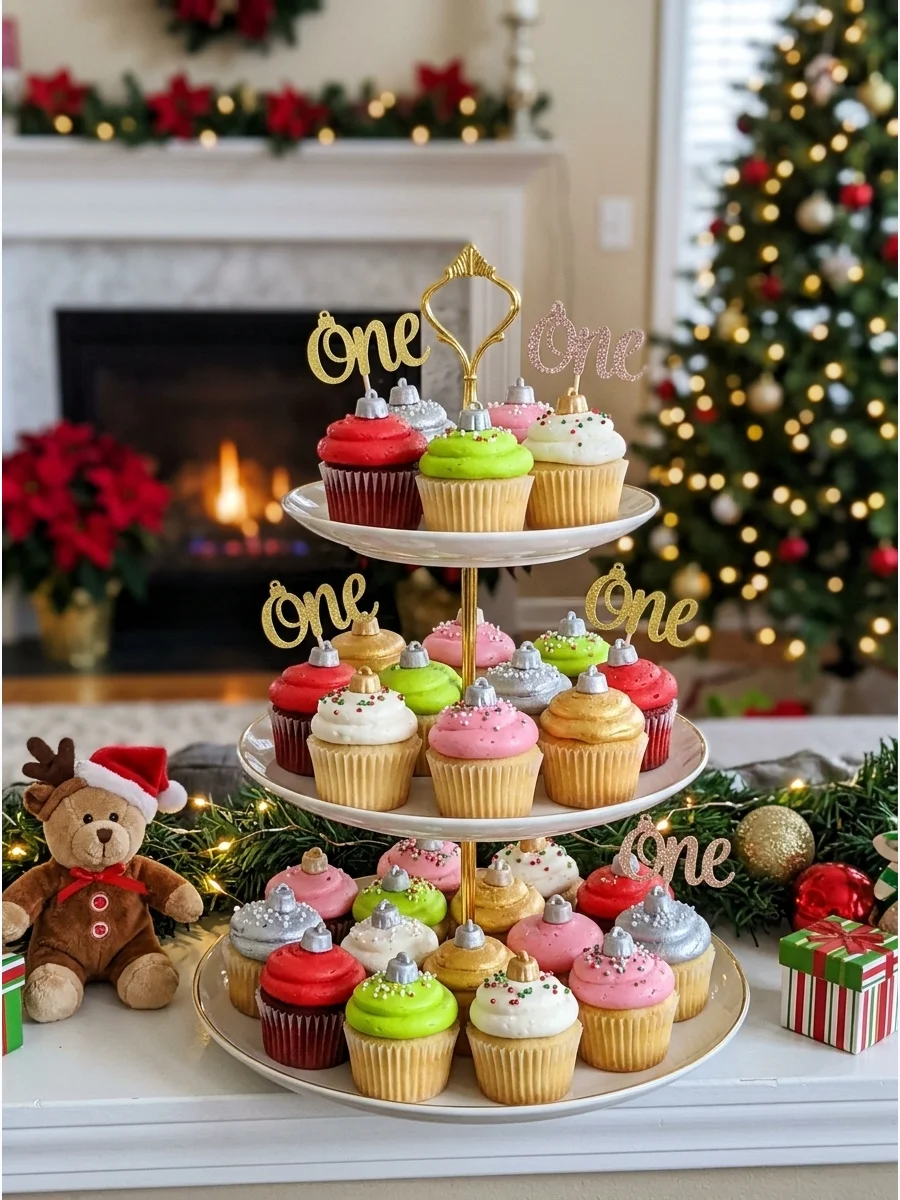 A tiered stand holding cupcakes decorated to look like colorful Christmas ornaments.