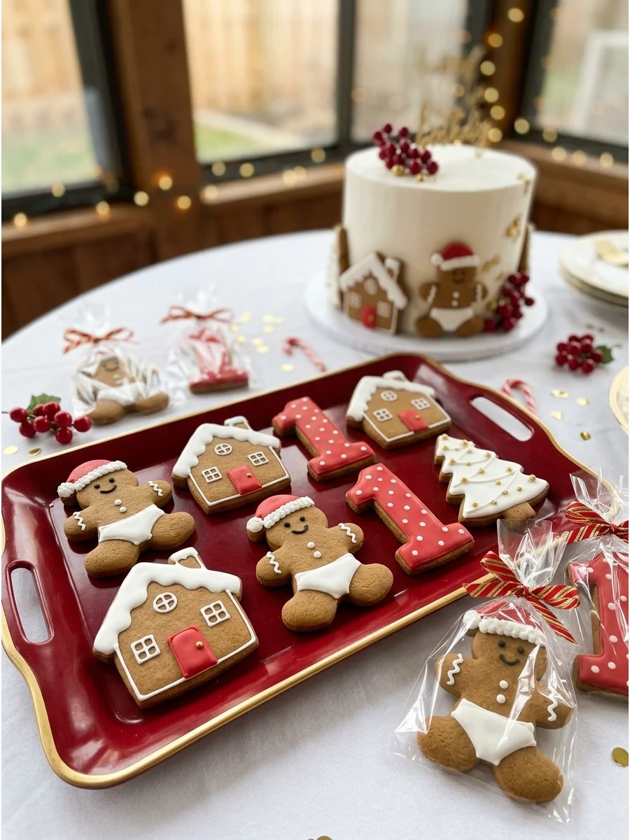 Gingerbread cookies shaped like babies on a red serving tray.