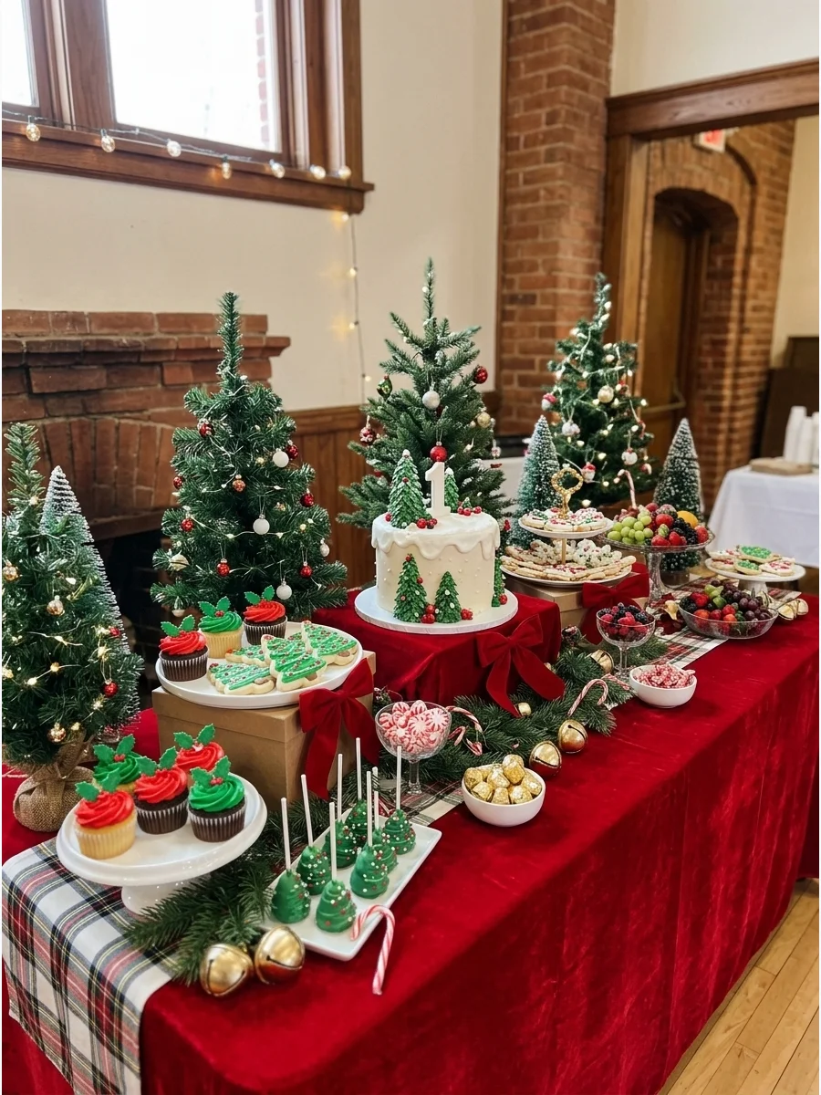 A dessert table featuring a birthday cake surrounded by mini Christmas trees.