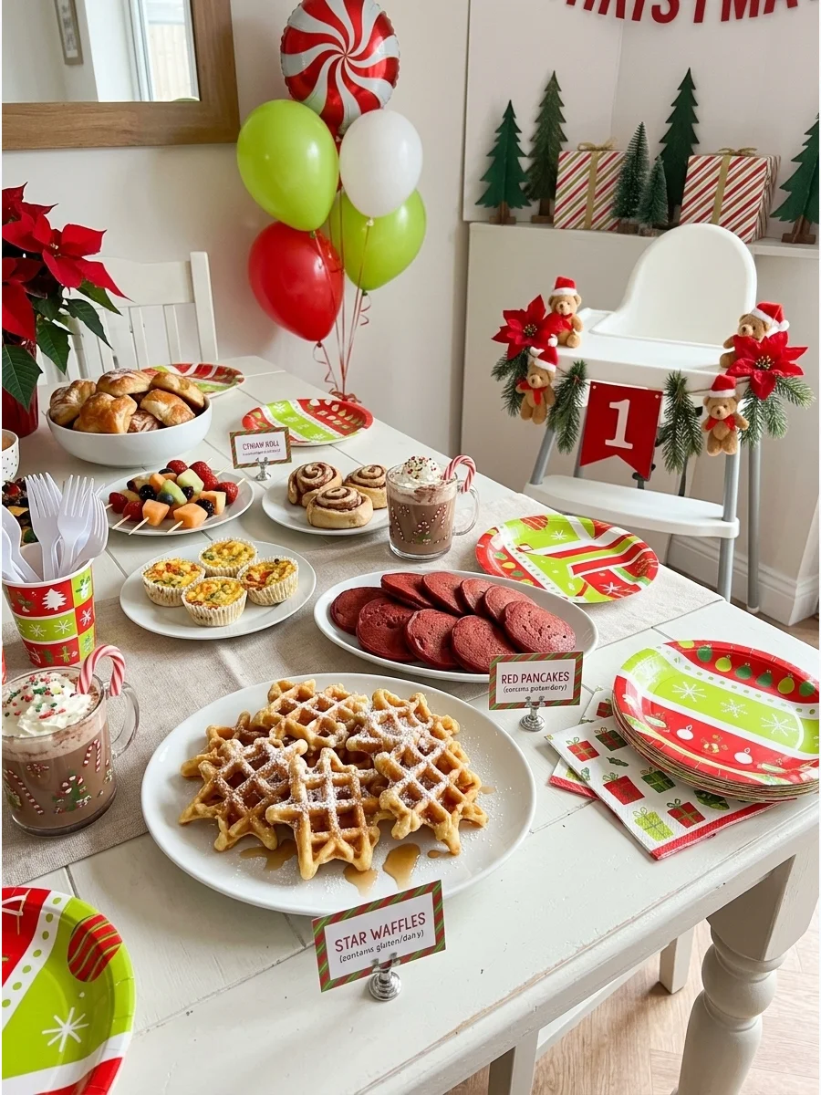 A festive brunch table with Christmas-themed breakfast foods and a baby high-chair.