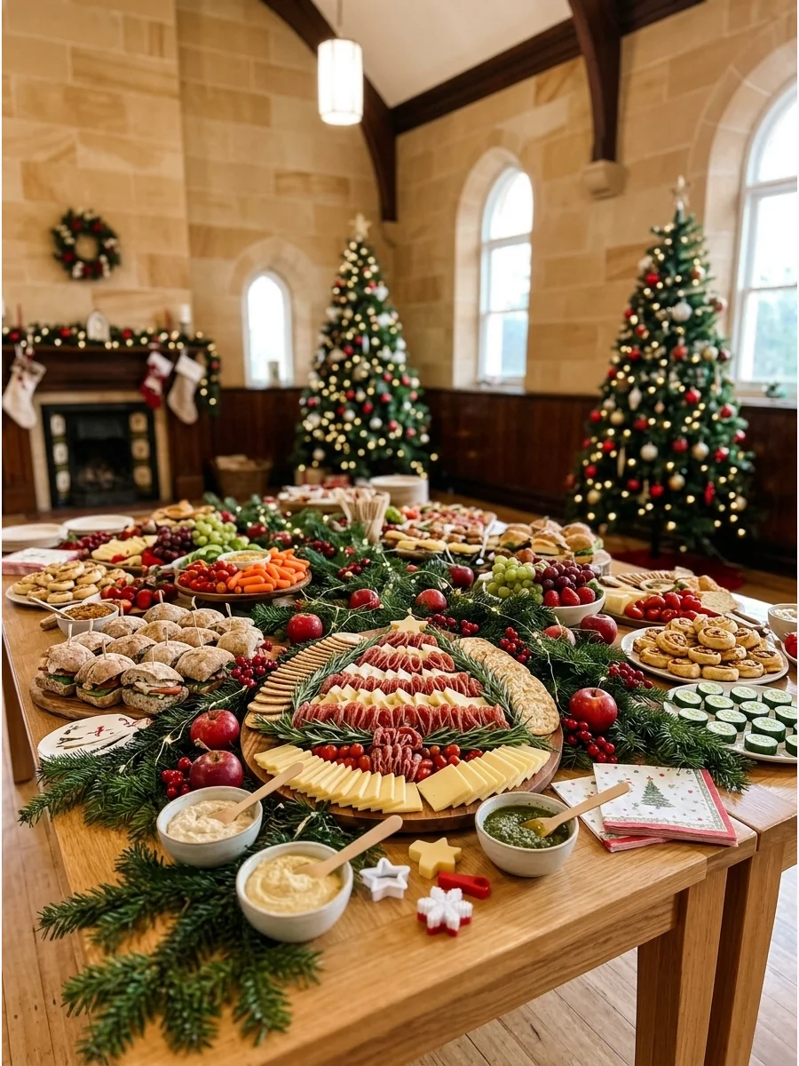 A holiday-themed charcuterie board arranged as a Christmas tree on a large table.