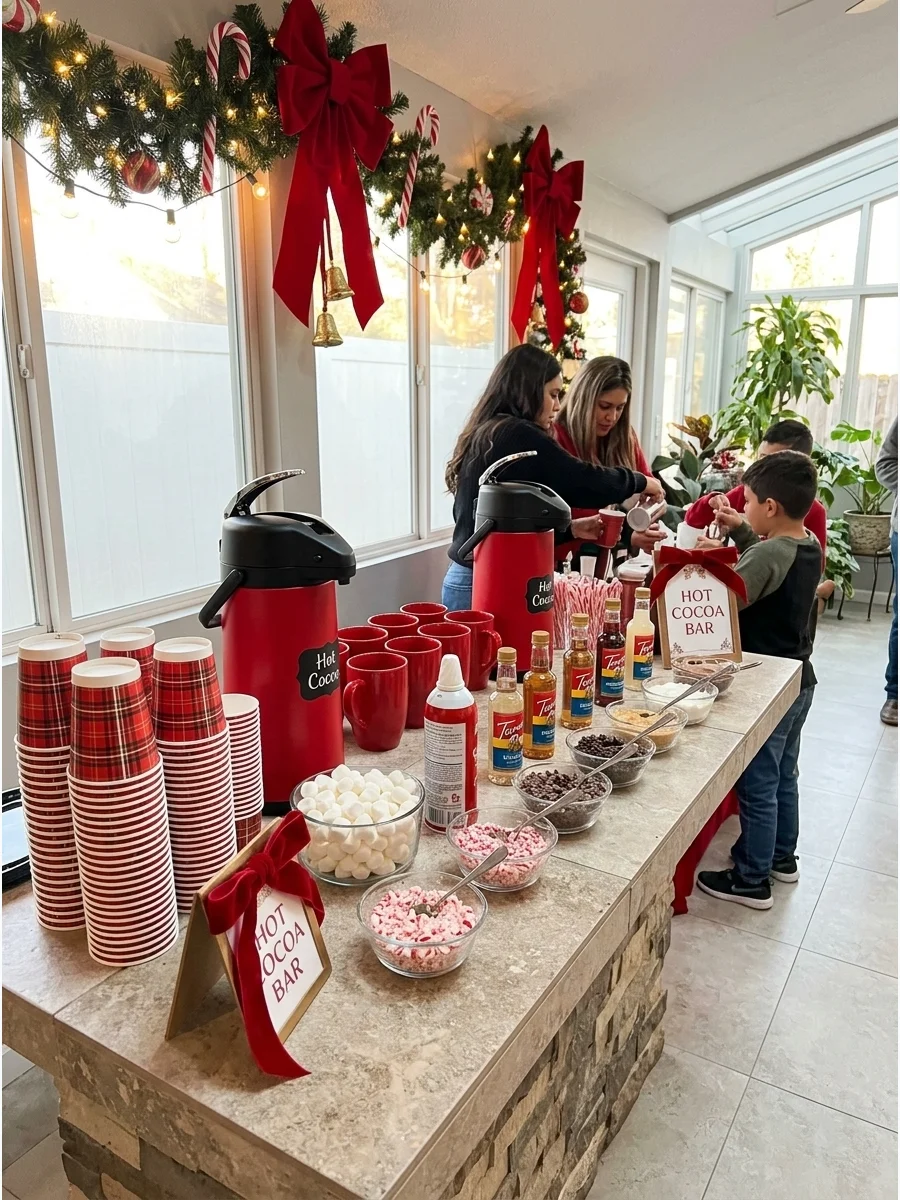 A hot chocolate station with festive toppings on a high sunroom counter.