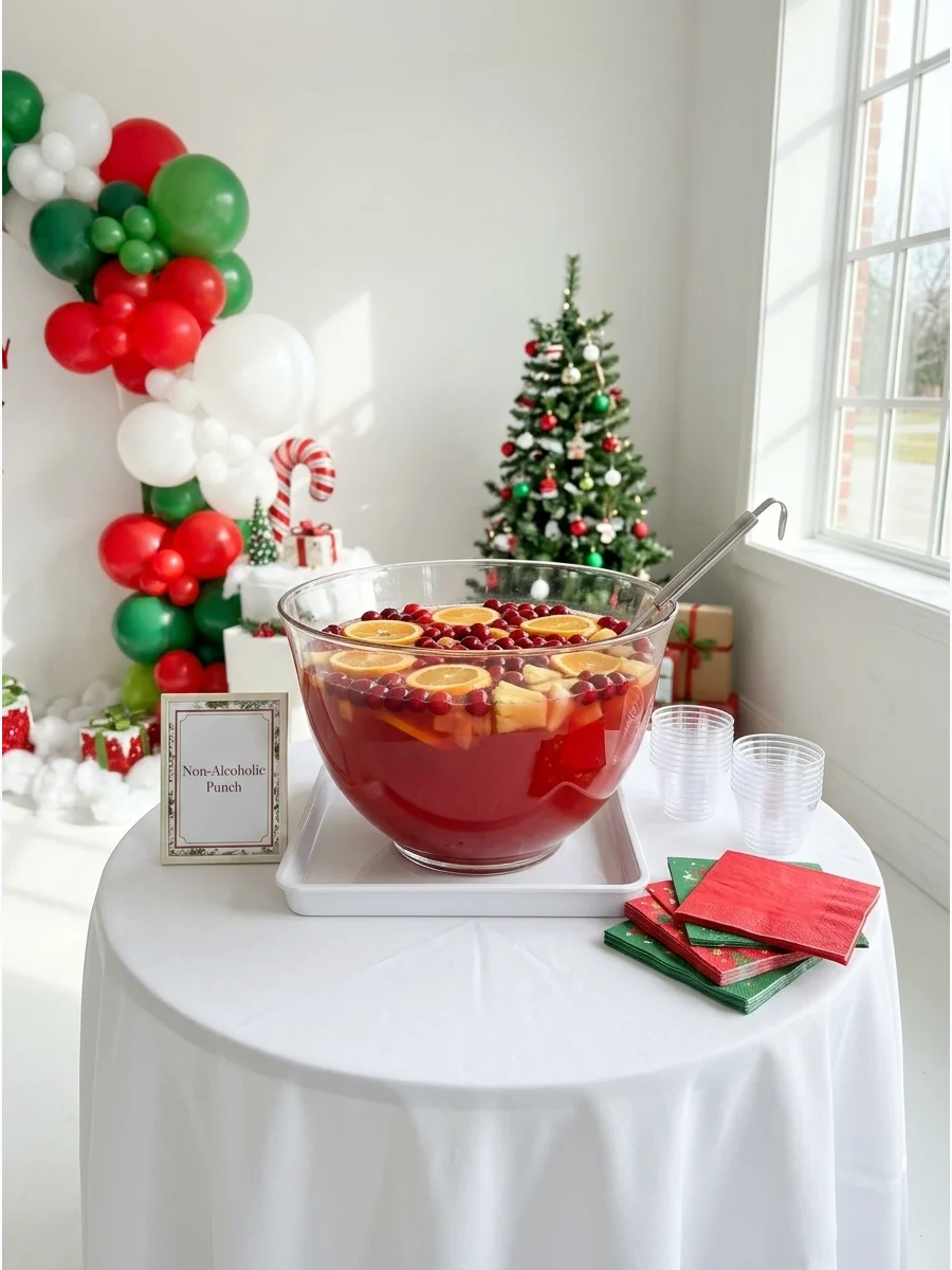 A red holiday punch bowl with floating fruit on a white display stand.