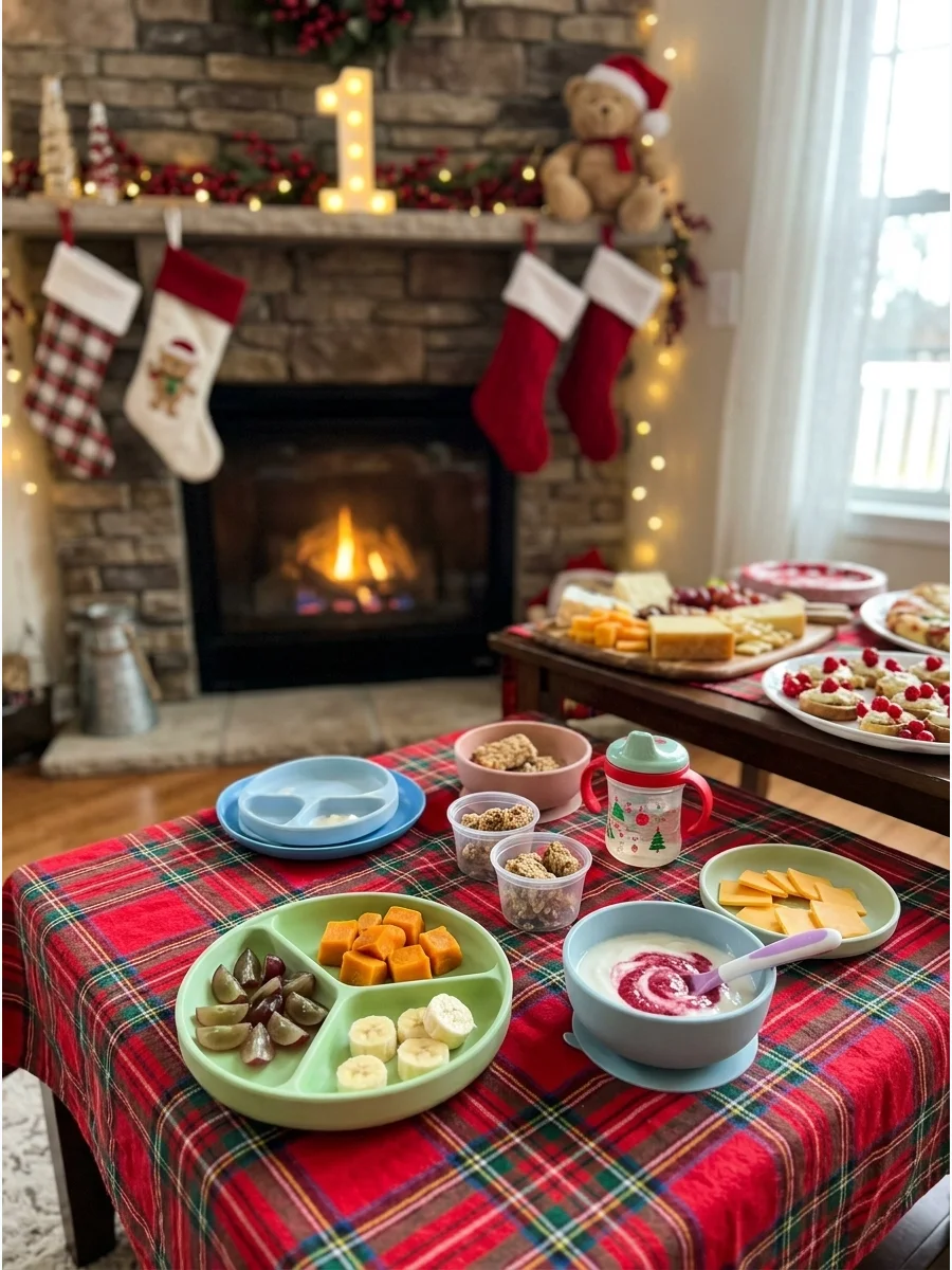 A low table with soft, baby-safe snacks in a festive living room.