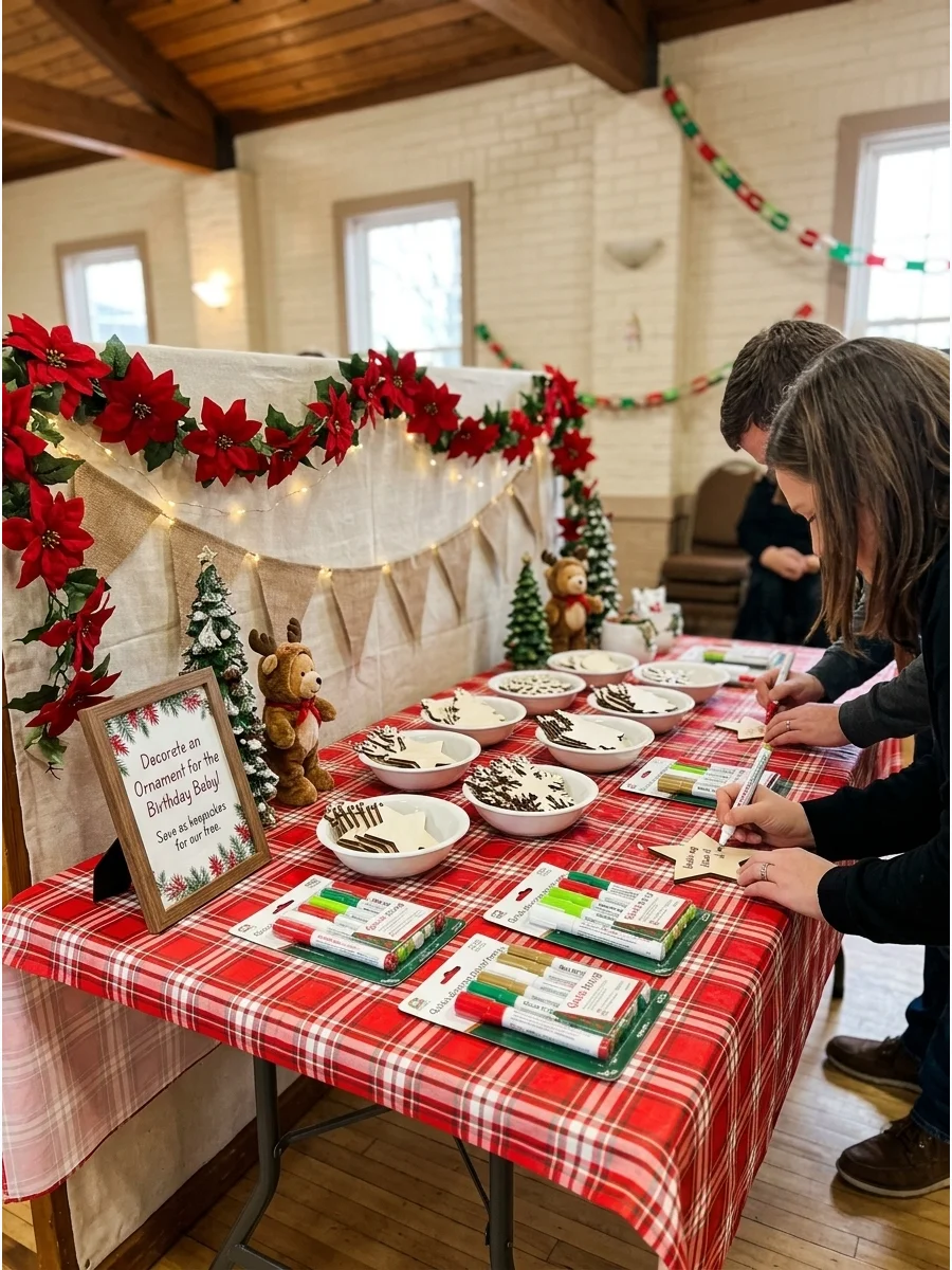 An ornament decorating station with wooden shapes and markers on a festive table.