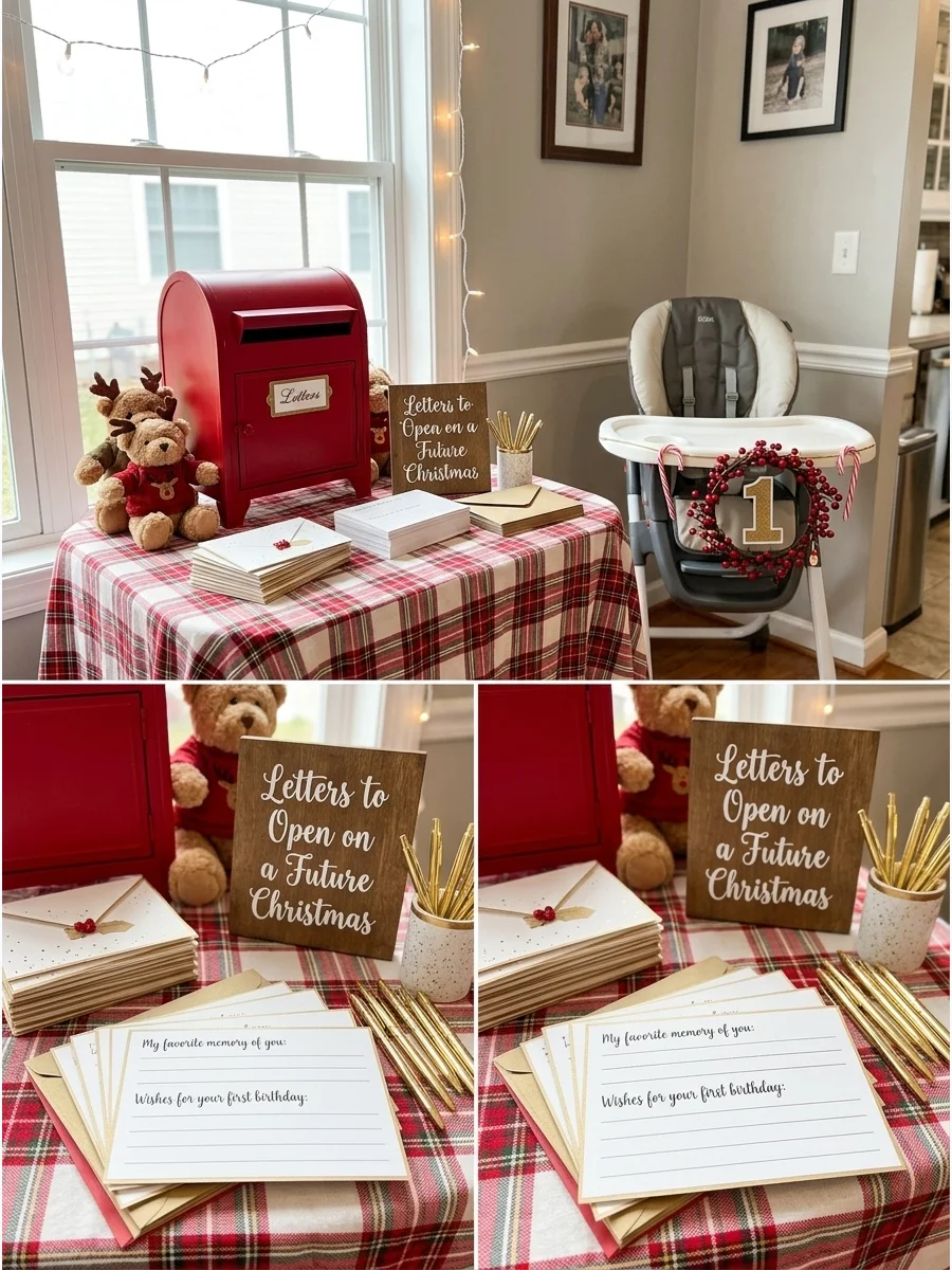 A letter-writing station with a red mailbox and holiday stationery.