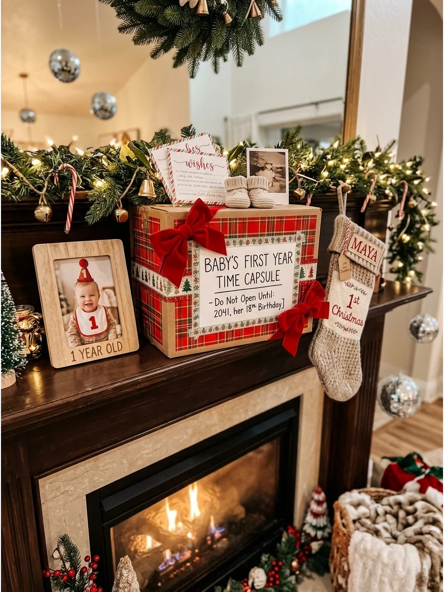 A Christmas-themed time capsule box on a fireplace mantle.