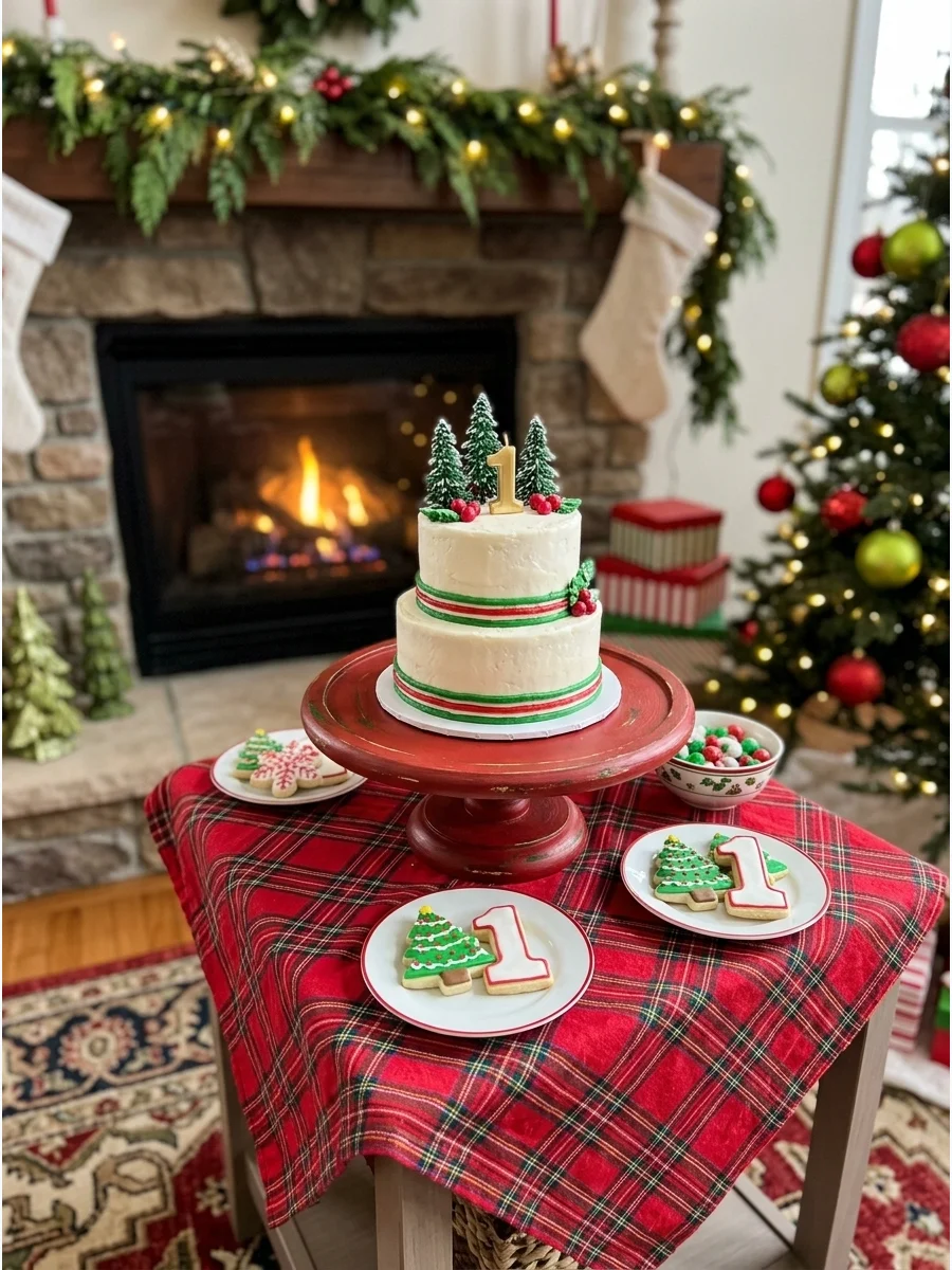 A small family birthday gathering in a decorated living room with a smash cake.