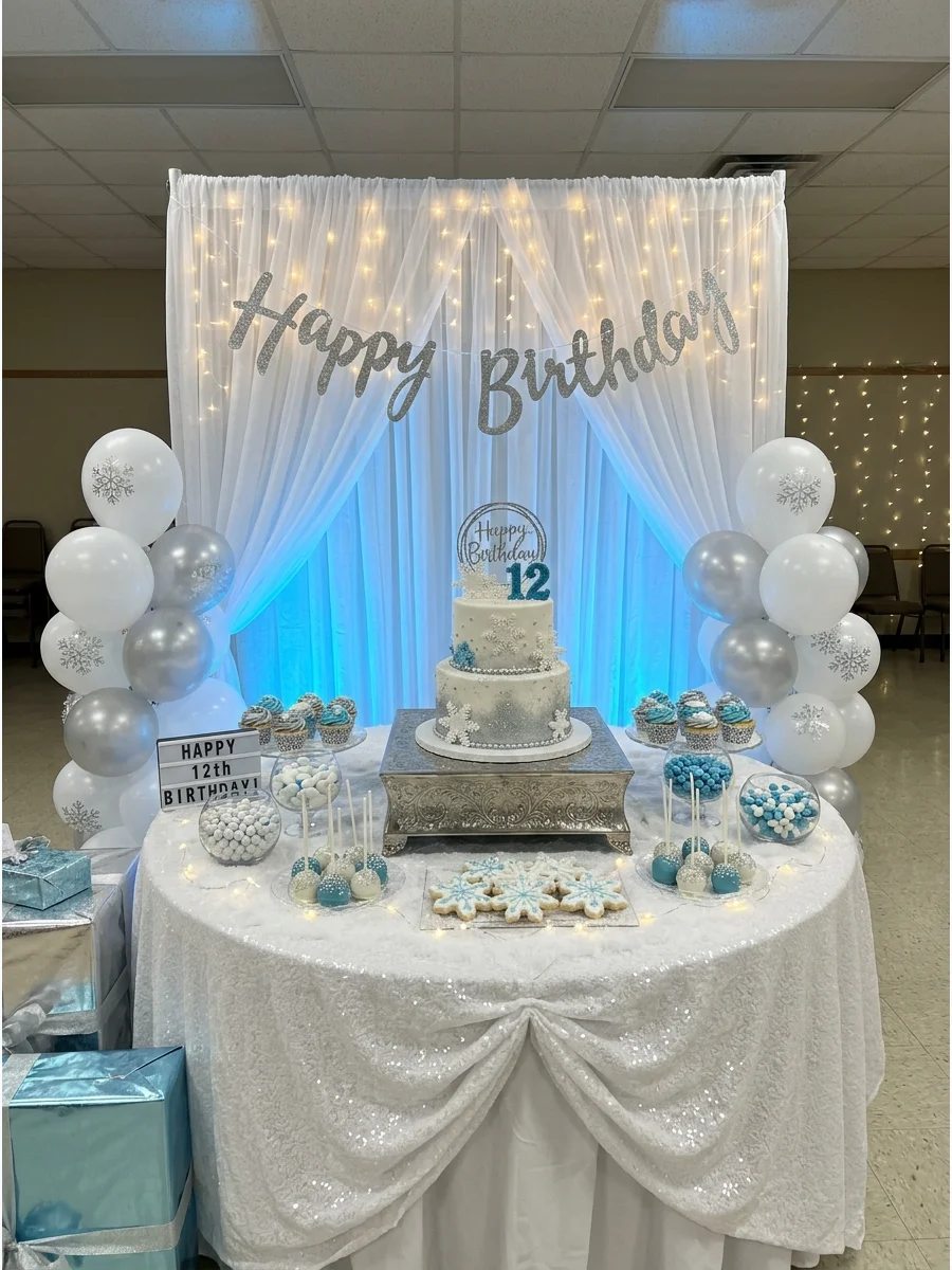 A banquet hall with white drapes and blue lights for a winter birthday.
