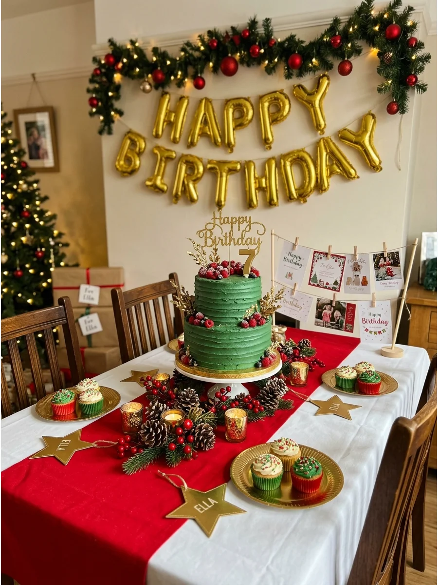 A festive dining room set for a birthday with red and green decor and a gold banner.