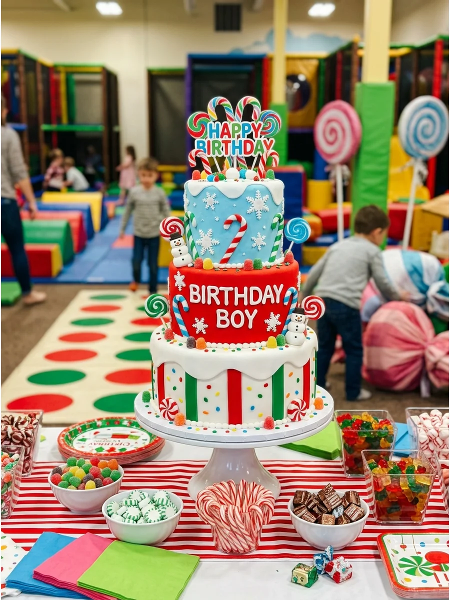 A colorful candy themed birthday party with giant lollipop props.