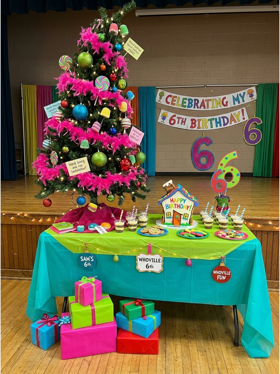 A colorful Whoville-themed party setup with a crooked tree and bright decorations.