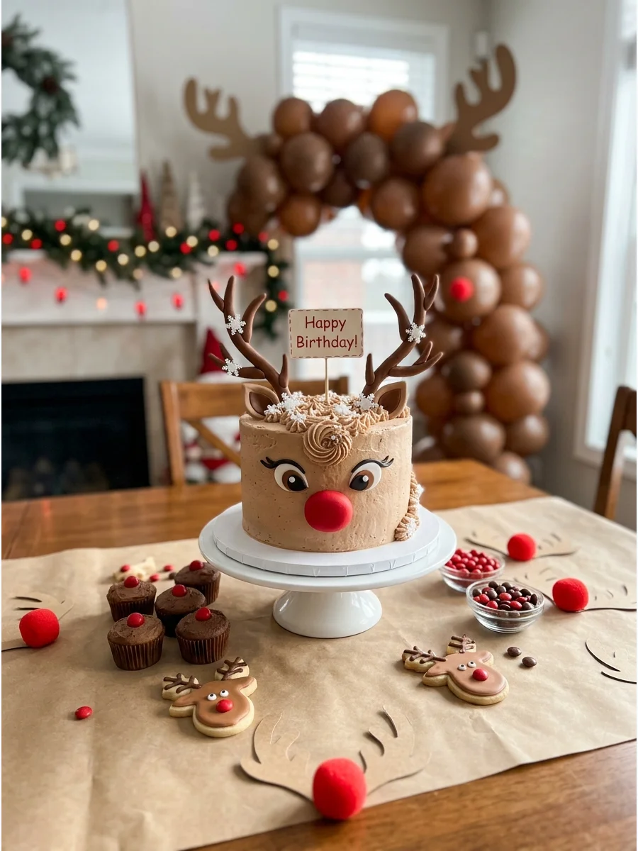 A reindeer themed birthday setup with brown balloons and a red nose cake.