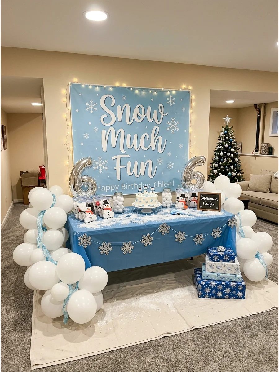 A basement decorated with white balloons and a snow-themed birthday banner.