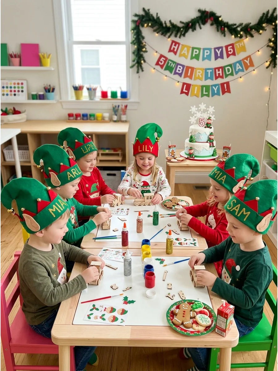 Kids wearing elf hats while playing with toy building blocks at a party.