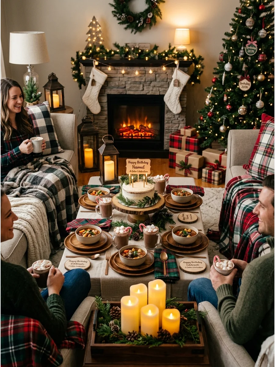 A cozy home living room decorated with plaid blankets and lanterns for a birthday.