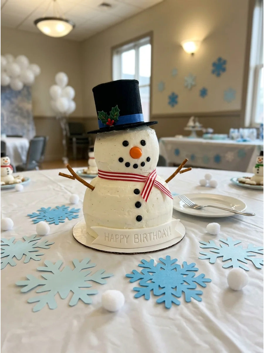 A snowman birthday cake on a table with blue and white winter decorations.