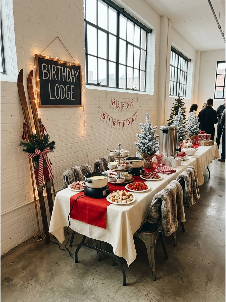 A loft space with vintage skis and a fondue station for a winter birthday.