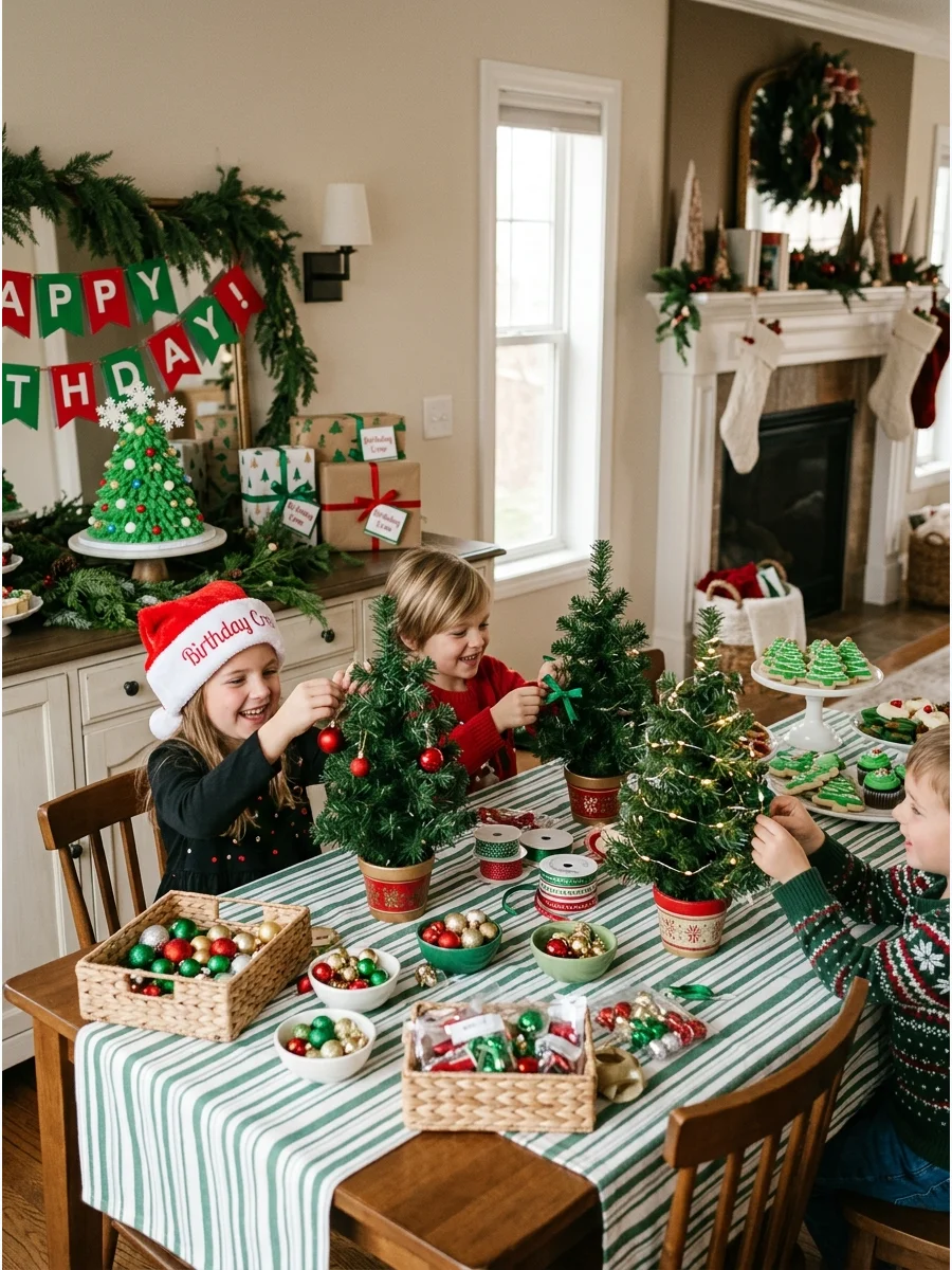Small artificial Christmas trees on a table ready for kids to decorate.