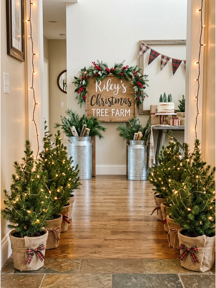 A home entrance decorated with small pine trees and a birthday welcome sign.