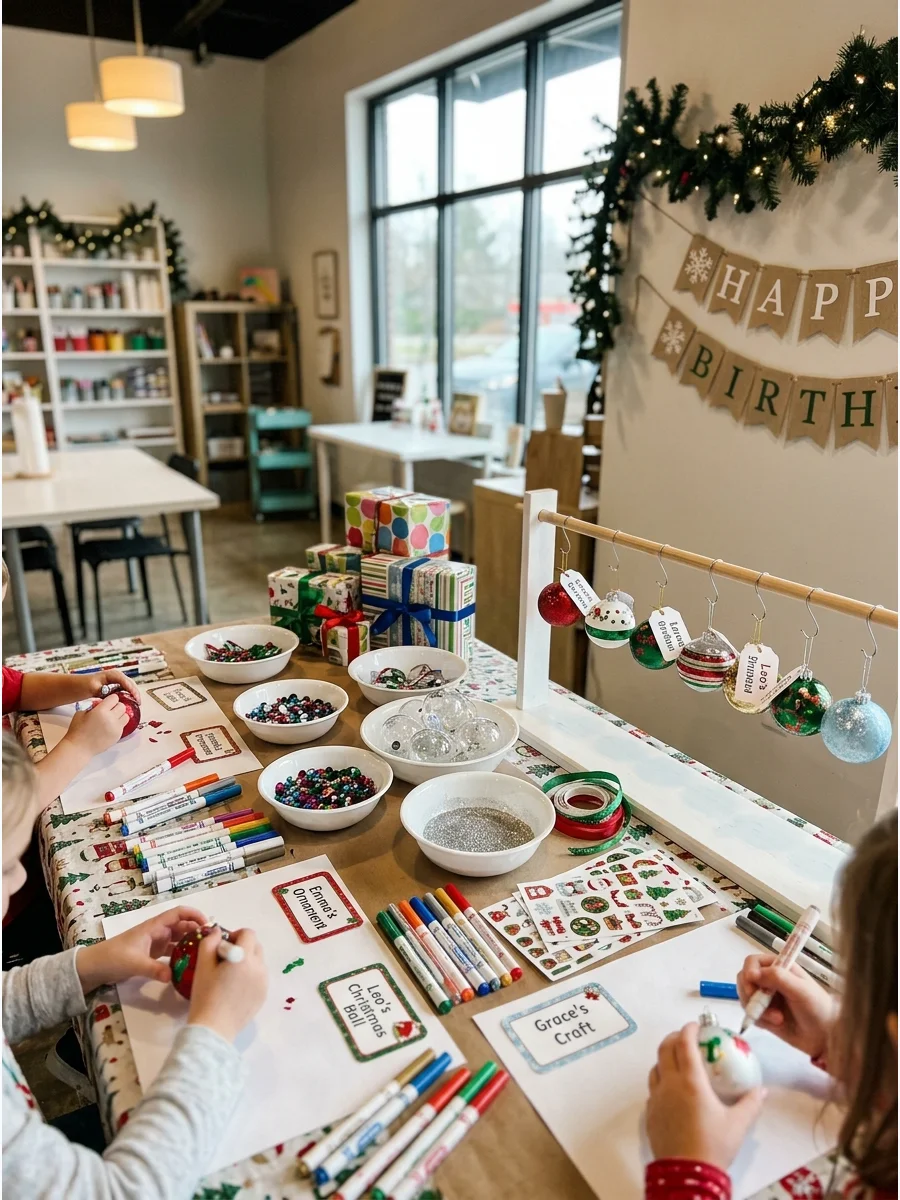 A craft station with clear ornaments and decorating supplies for a birthday.
