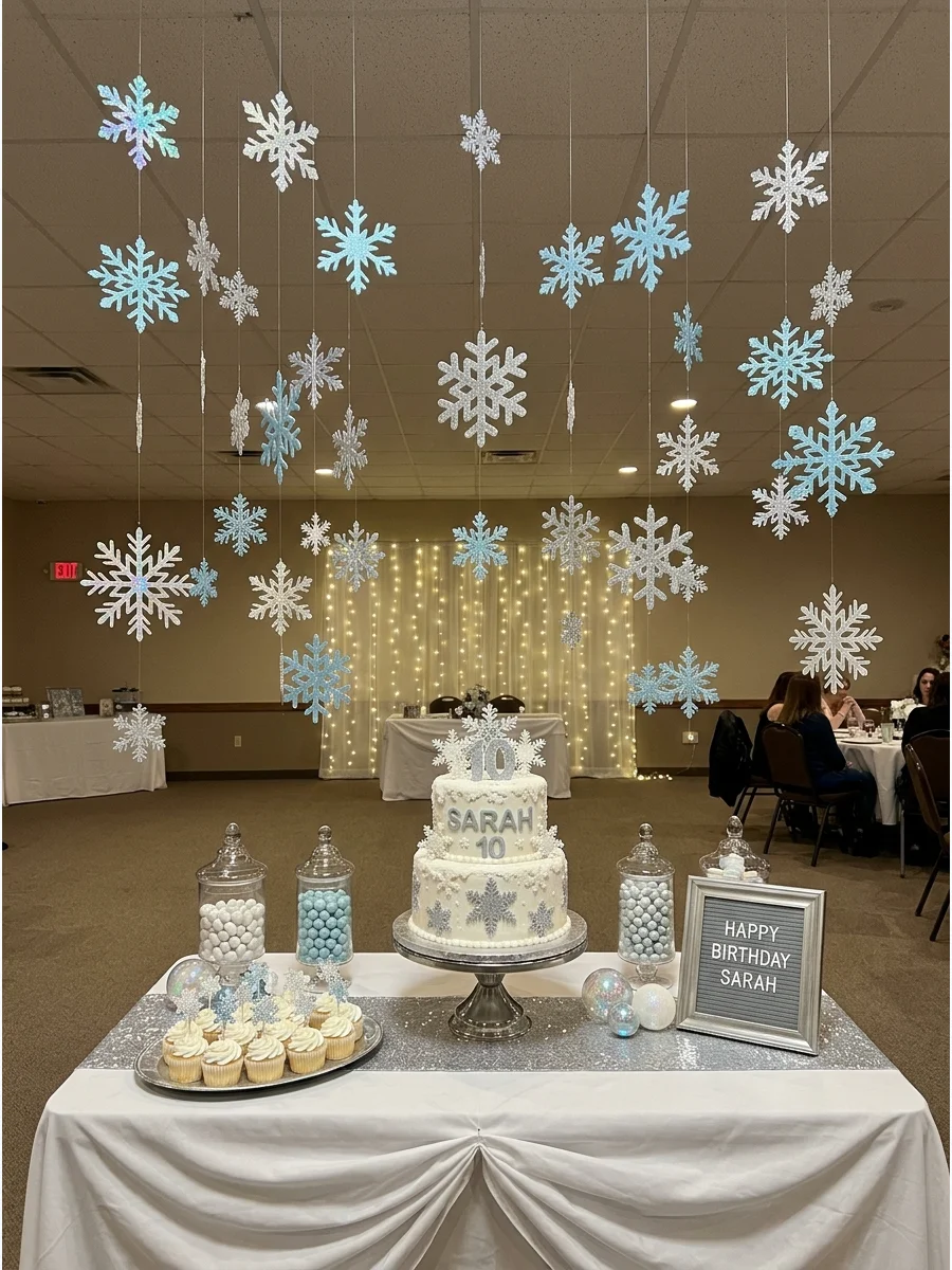 A banquet hall with hanging snowflakes and an elegant white birthday cake.