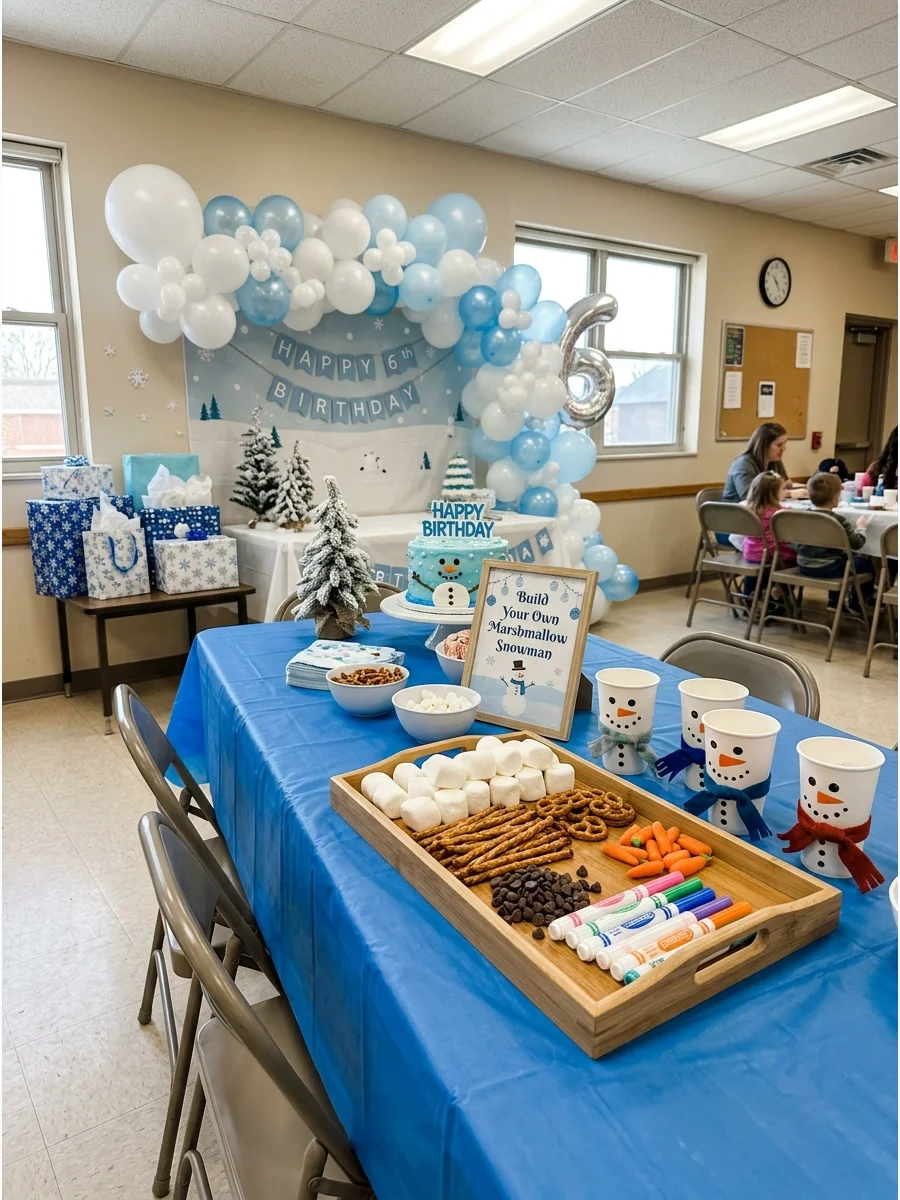 A children's party table with snowman-themed crafts and snacks.