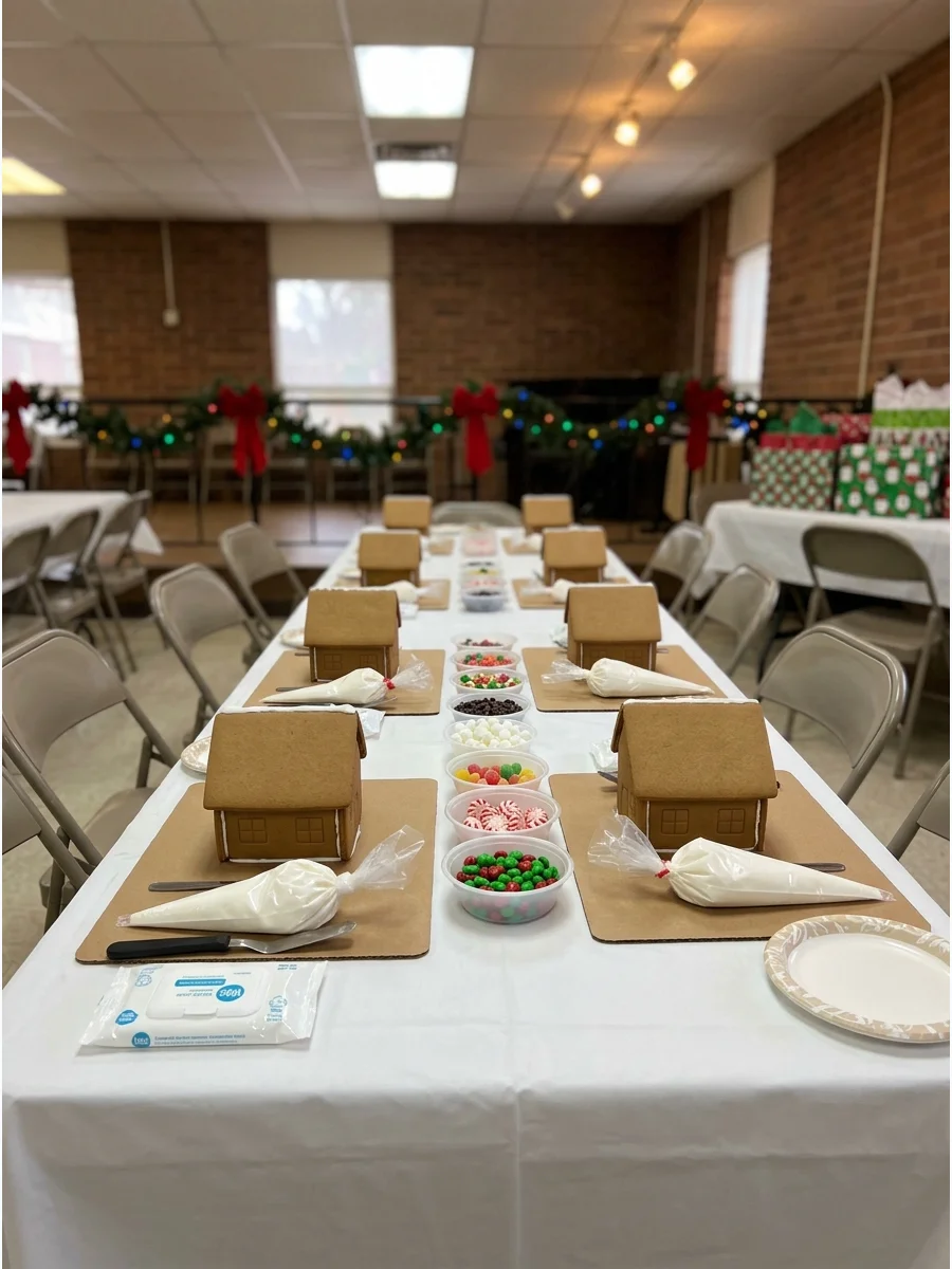 A row of gingerbread houses on a table with bowls of candy decorations.