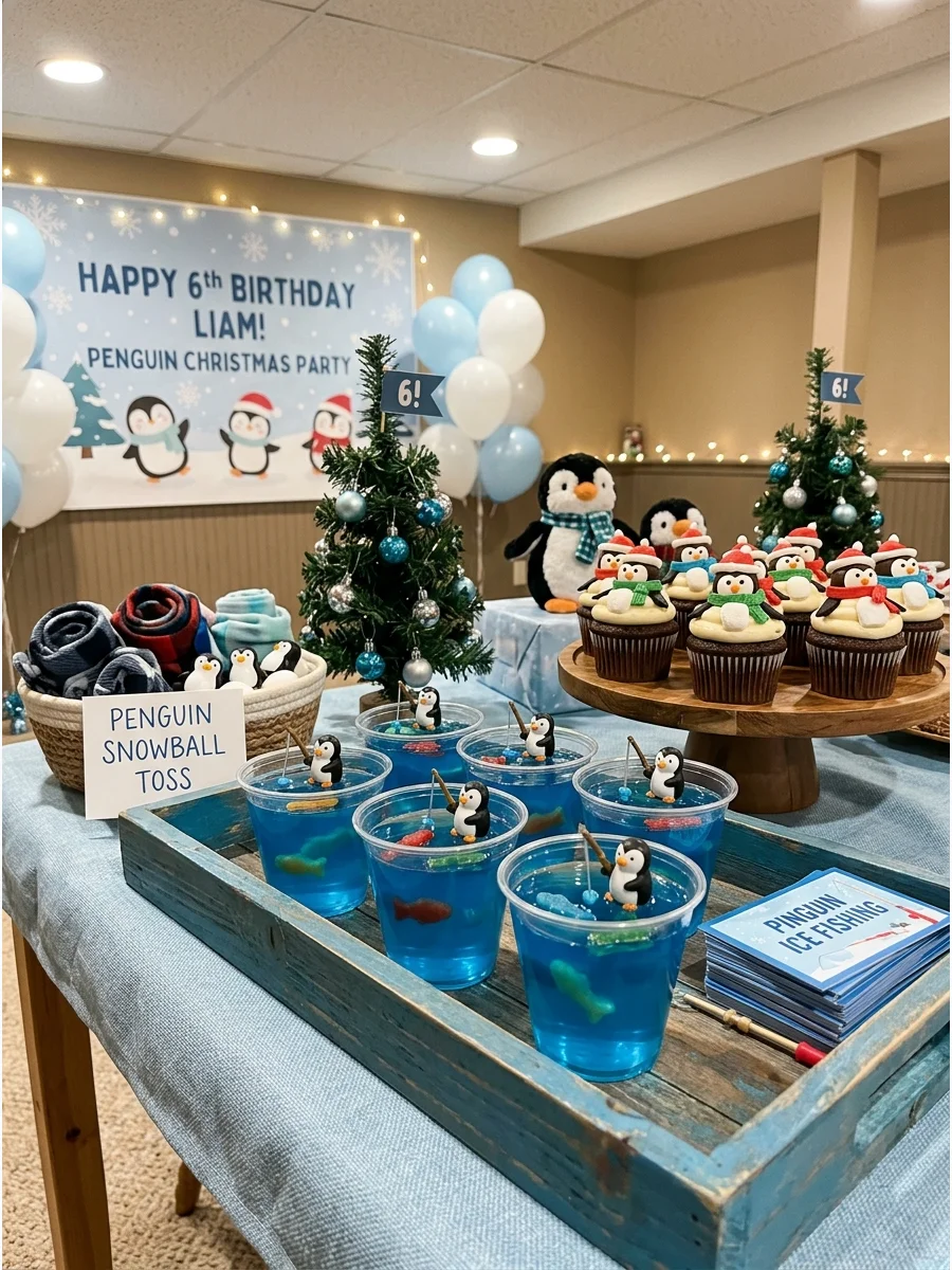 A basement decorated with penguins and blue snacks for a birthday.