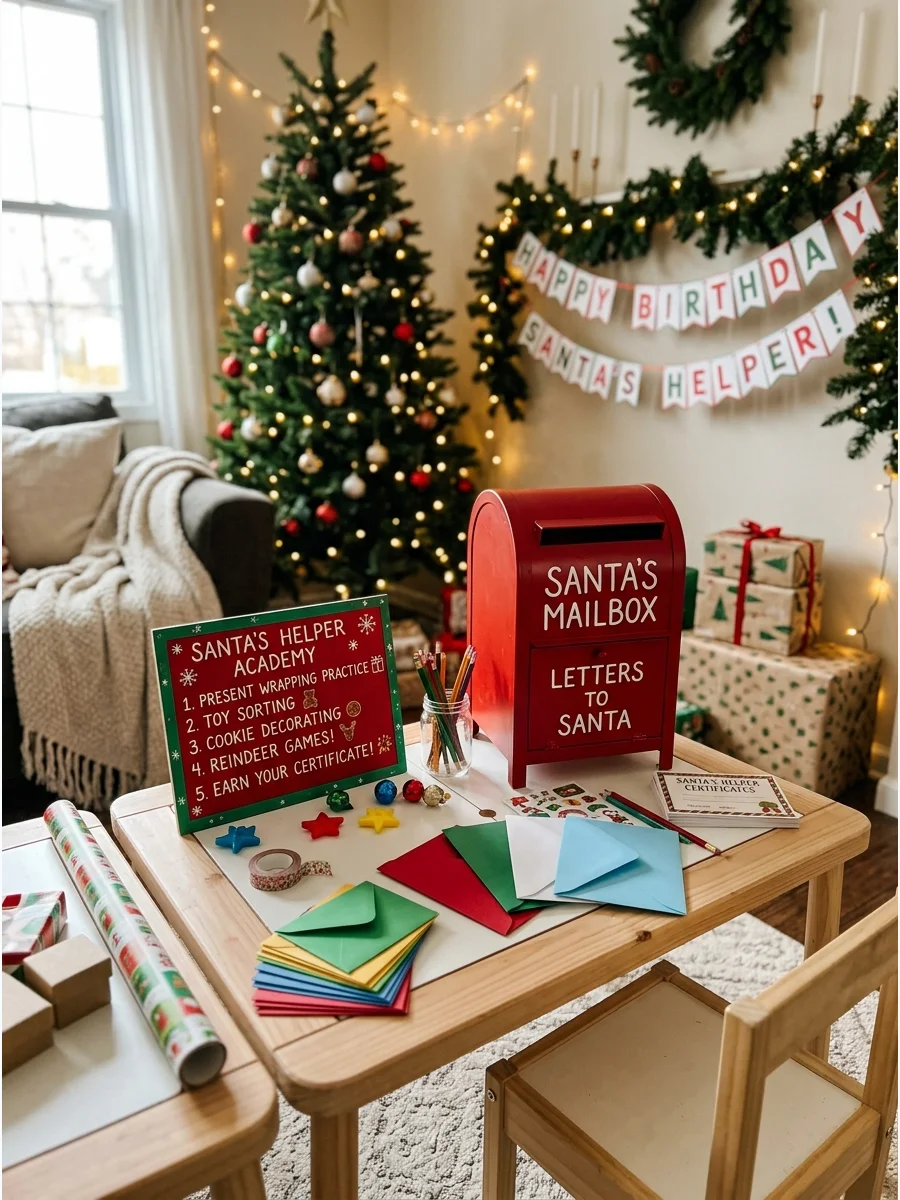 A toy mailbox and stationery set up for a Santa's helper birthday activity.