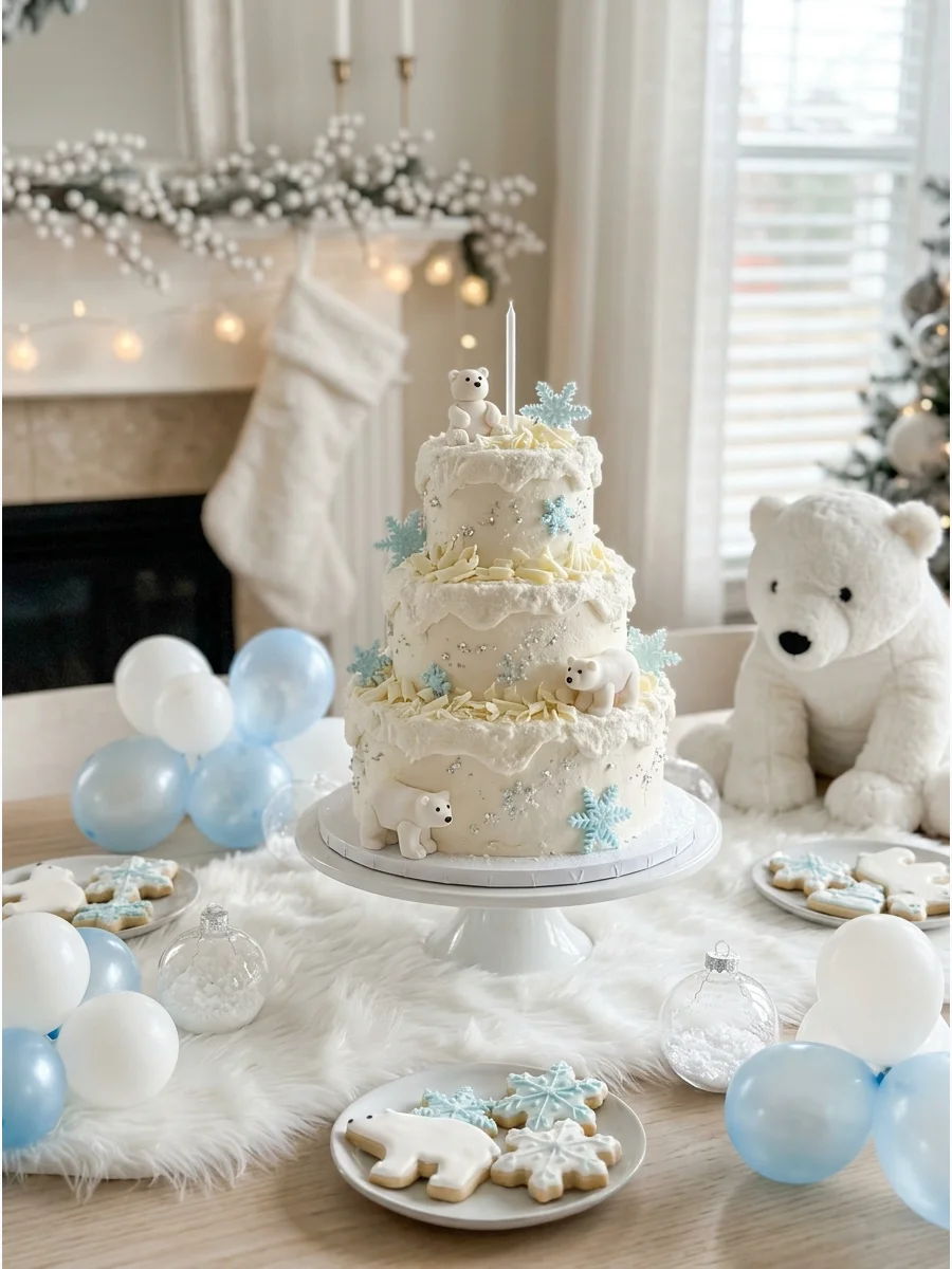A white and silver polar bear themed birthday setup in a living room.