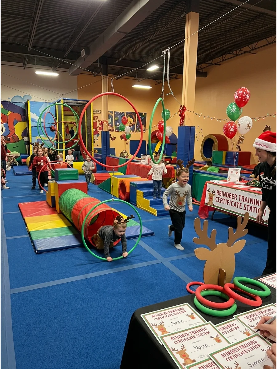 An indoor obstacle course with festive hoops for a reindeer training party.