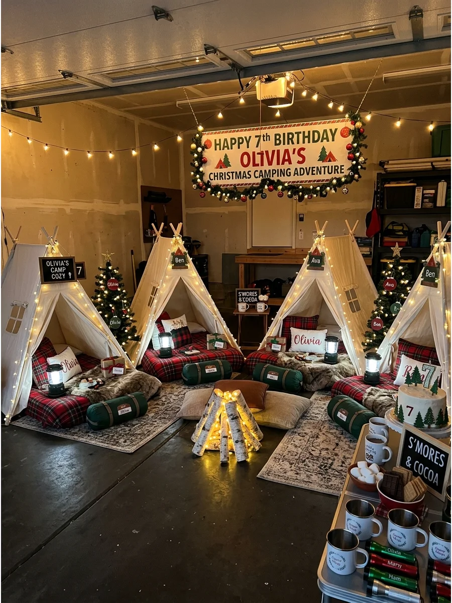 A garage set up with indoor tents and fairy lights for a camping party.