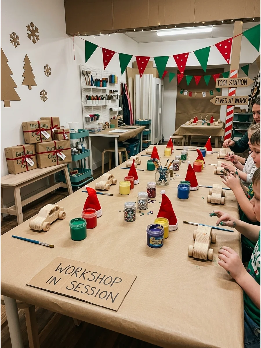 A craft table set with wooden toys and elf hats for a workshop party.