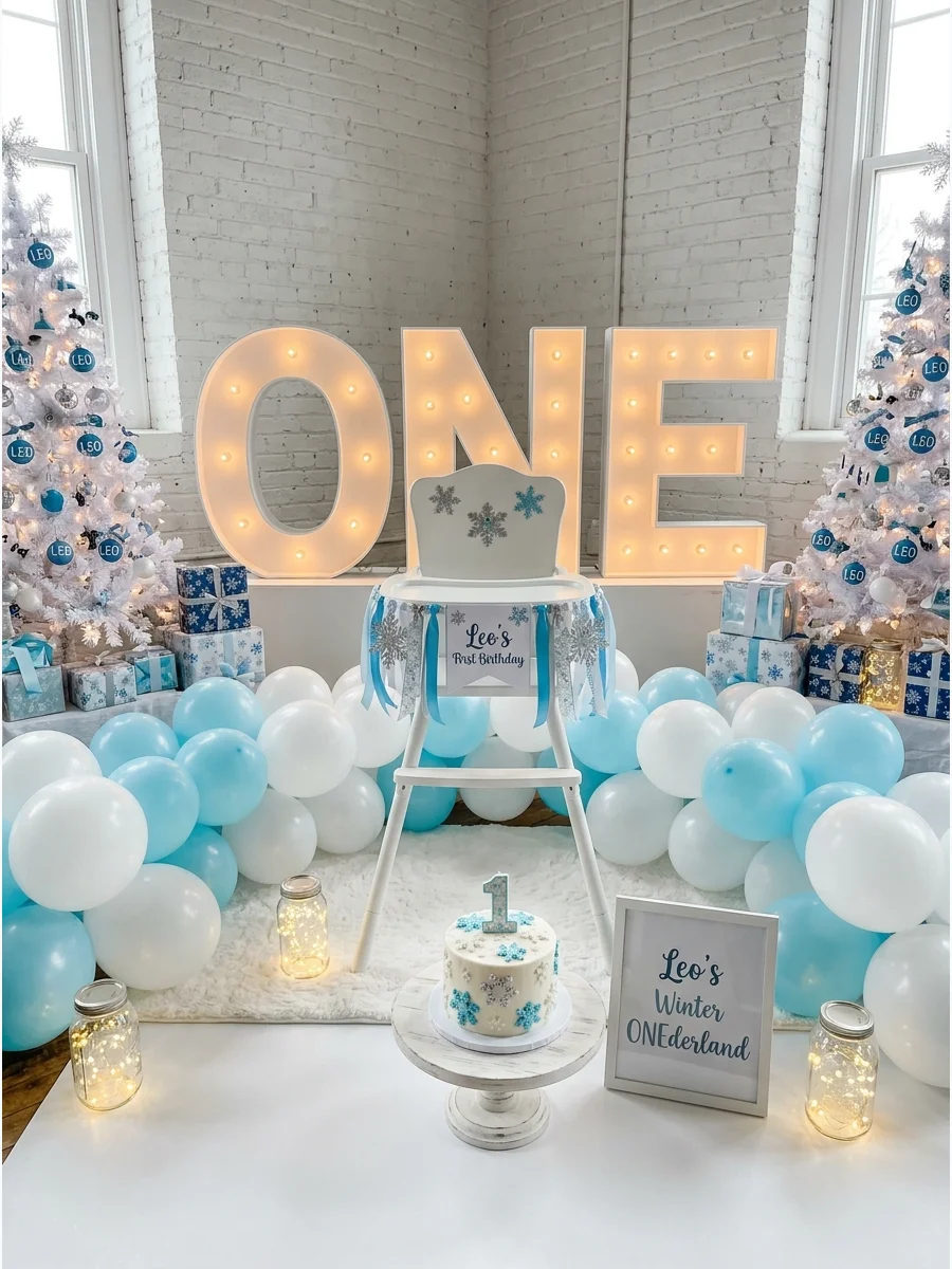 A white and blue first birthday setup with snowflake decorations and silver accents.