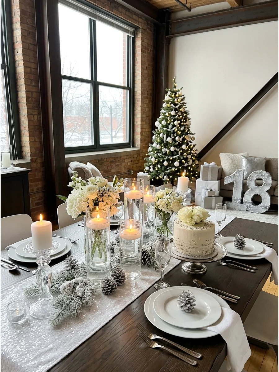 An elegant dinner table with silver and white winter decorations.