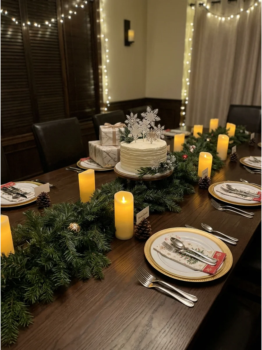 Elegant birthday dinner table with evergreen garland and gold accents.