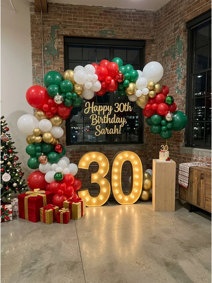 A festive balloon arch with red and green balloons and a gold birthday sign.