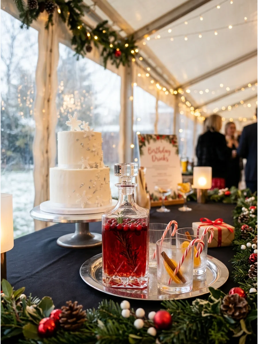 Festive cocktail bar with red drinks and a birthday cake in a decorated tent.