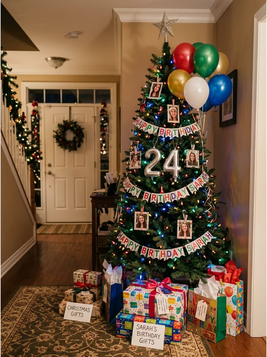 A Christmas tree decorated with birthday ribbons and personal photos.