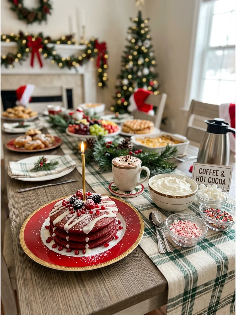 Holiday brunch table with red velvet pancakes and a hot cocoa bar.