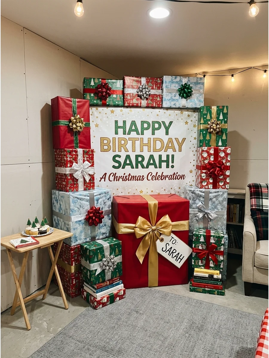 Stacked giant presents acting as a backdrop for a birthday party.