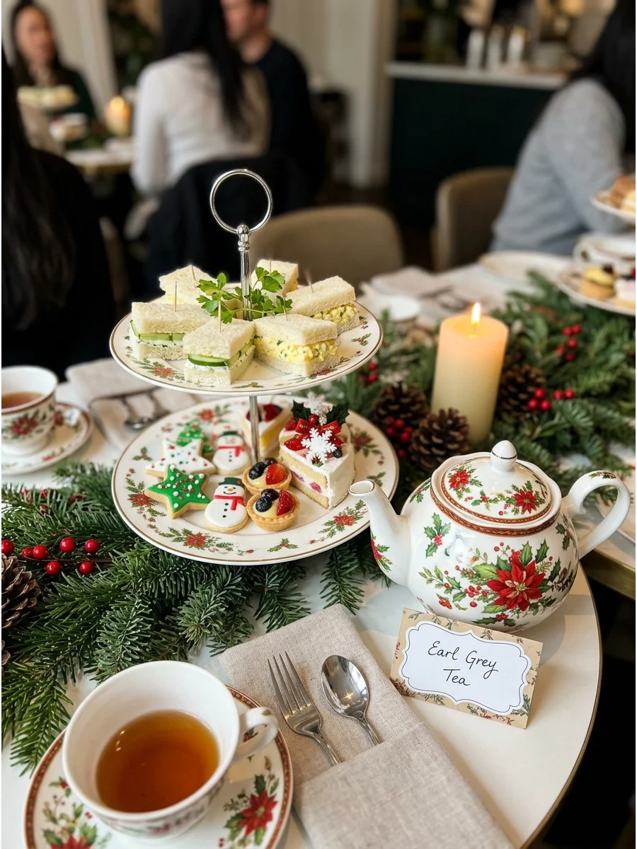 Tiered tea trays with sandwiches and scones on a festive table.