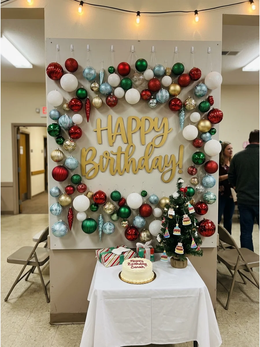 A wall decorated with many hanging Christmas ornaments and a birthday sign.